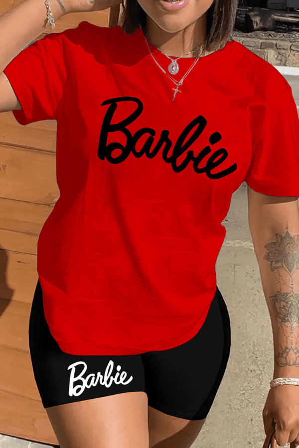 Red Black Casual Print Basic O Neck Short Sleeve Two Pieces