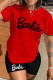 Red Black Casual Print Basic O Neck Short Sleeve Two Pieces