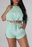 Pink Casual Solid Frenulum Basic O Neck Short Sleeve Two Pieces