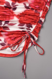 Rose Red Sexy Print Backless Fold Spaghetti Strap Sleeveless Dress Dresses
