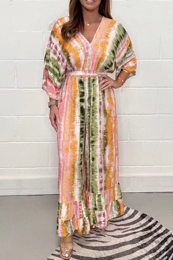 Orange Casual Print Patchwork V Neck Long Dress Dresses