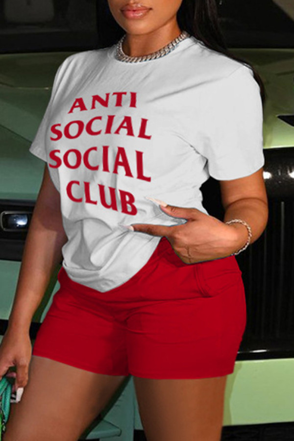 White Red Casual Letter Print Basic O Neck Short Sleeve Two Pieces
