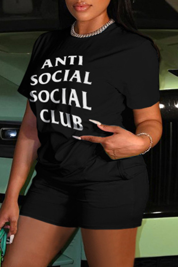 Black Casual Letter Print Basic O Neck Short Sleeve Two Pieces