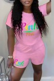 Pink Casual Print Letter O Neck Short Sleeve Two Pieces
