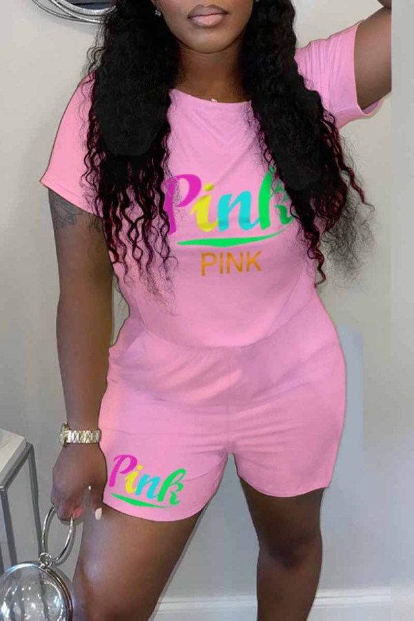 Pink Casual Print Letter O Neck Short Sleeve Two Pieces