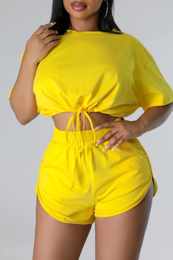 Yellow Casual Solid Frenulum Basic O Neck Short Sleeve Two Pieces