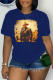Navy Blue Street Vintage Print Patchwork O Neck T-Shirts