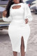 White Elegant Solid Hollowed Out Patchwork Slit O Neck One Step Skirt Dresses