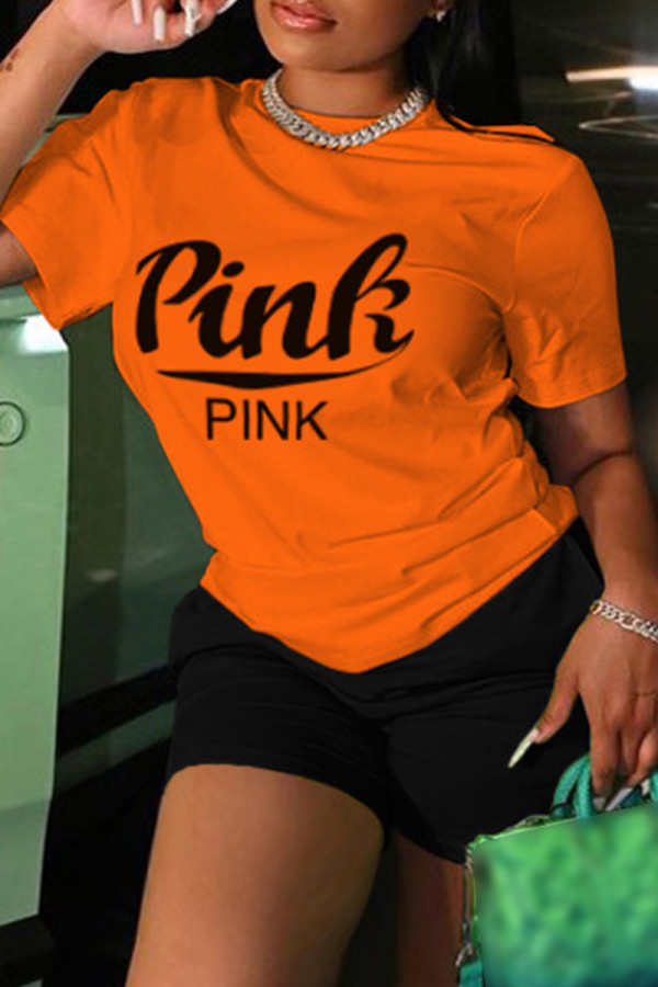Orange Casual Letter Print Basic O Neck Short Sleeve Two Pieces