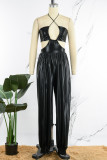 Gold Sexy Solid Hollowed Out Backless Strap Design Halter Regular Jumpsuits