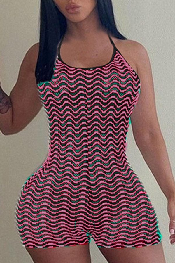 Pink Sexy Striped See-through Backless Strap Design Spaghetti Strap Skinny Rompers
