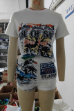 White Street Print Patchwork Pocket O Neck Short Sleeve Two Pieces