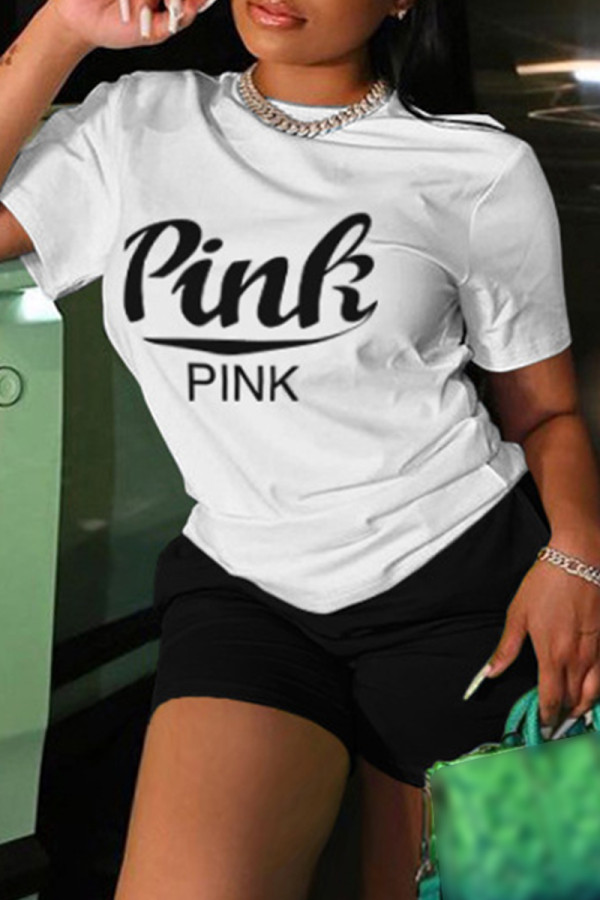 White Casual Letter Print Basic O Neck Short Sleeve Two Pieces