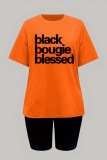 Orange Casual Letter Print Basic O Neck Short Sleeve Two Pieces