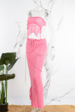 Pink Sexy Solid Backless Slit Strapless Sleeveless Two Pieces