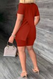 Red Casual Print Slit Letter Half A Turtleneck Short Sleeve Two Pieces
