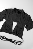 Yellow Casual Solid Hollowed Out Frenulum Backless Half A Turtleneck Short Sleeve Two Pieces