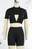 Yellow Casual Solid Hollowed Out Frenulum Backless Half A Turtleneck Short Sleeve Two Pieces