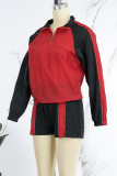 Red Casual Patchwork Contrast Zipper Collar Long Sleeve Two Pieces