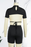 Yellow Casual Solid Hollowed Out Frenulum Backless Half A Turtleneck Short Sleeve Two Pieces