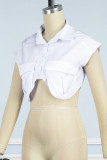 White Casual Solid Patchwork Asymmetrical Shirt Collar Tops