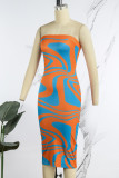 Yellow Sexy Print Backless Strapless Pencil Skirt Dresses