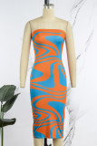 Yellow Sexy Print Backless Strapless Pencil Skirt Dresses