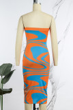 Yellow Sexy Print Backless Strapless Pencil Skirt Dresses