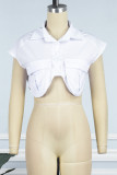White Casual Solid Patchwork Asymmetrical Shirt Collar Tops