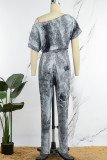 Blue Casual Print Patchwork Oblique Collar Regular Jumpsuits