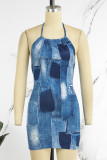 Colour Sexy Casual Print Bandage Backless O Neck Sleeveless Dress Dresses