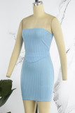 Light Blue Sexy Casual Solid Backless Strapless Sleeveless Two Pieces