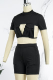 Yellow Casual Solid Hollowed Out Frenulum Backless Half A Turtleneck Short Sleeve Two Pieces