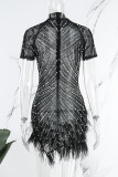 Black Sexy Patchwork Hot Drilling Tassel Beading Turtleneck Short Sleeve Dress Dresses