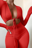 Red Casual Solid Hollowed Out Frenulum V Neck Skinny Jumpsuits