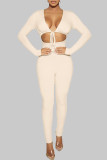 Red Casual Solid Hollowed Out Frenulum V Neck Skinny Jumpsuits