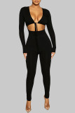 Red Casual Solid Hollowed Out Frenulum V Neck Skinny Jumpsuits