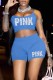 Light Blue Sexy Print Letter Spaghetti Strap Sleeveless Two Pieces