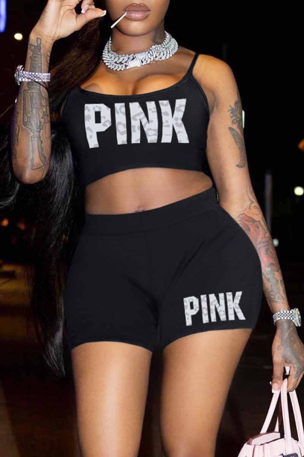 Black Sexy Print Letter Spaghetti Strap Sleeveless Two Pieces