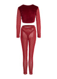 Black Sexy Solid Patchwork See-through Sequins O Neck Long Sleeve Two Pieces