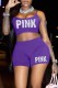Purple Sexy Print Letter Spaghetti Strap Sleeveless Two Pieces