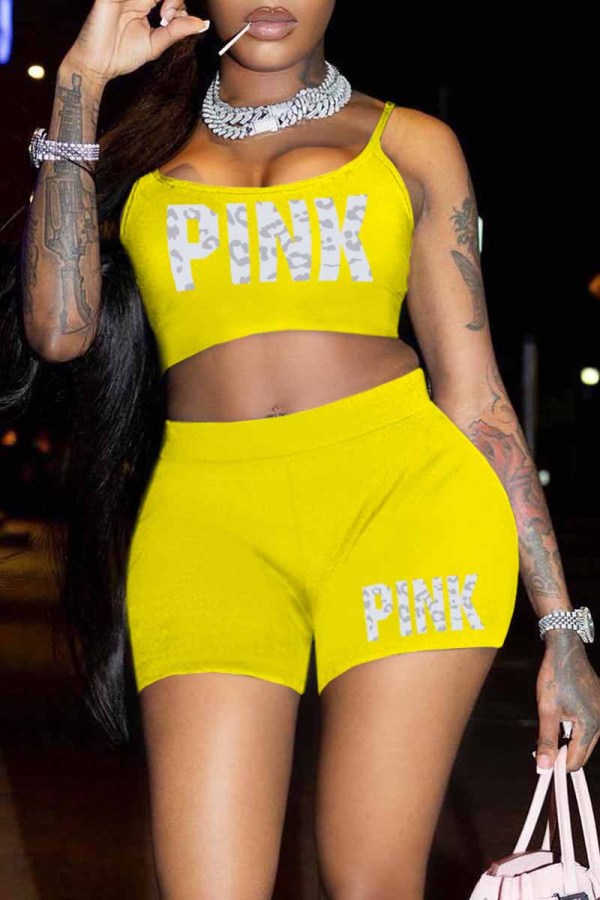 Yellow Sexy Print Letter Spaghetti Strap Sleeveless Two Pieces