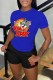 Blue Casual Character Print Letter O Neck Short Sleeve Two Pieces