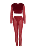 Black Sexy Solid Patchwork See-through Sequins O Neck Long Sleeve Two Pieces