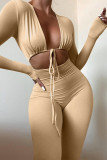 Red Casual Solid Hollowed Out Frenulum V Neck Skinny Jumpsuits