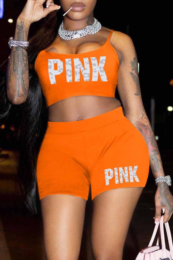 Orange Sexy Print Letter Spaghetti Strap Sleeveless Two Pieces