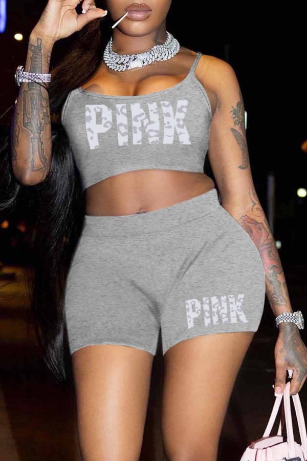 Grey Sexy Print Letter Spaghetti Strap Sleeveless Two Pieces