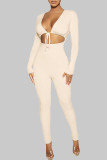 Red Casual Solid Hollowed Out Frenulum V Neck Skinny Jumpsuits