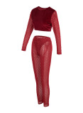 Black Sexy Solid Patchwork See-through Sequins O Neck Long Sleeve Two Pieces