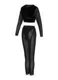 Black Sexy Solid Patchwork See-through Sequins O Neck Long Sleeve Two Pieces
